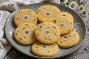 Koekjes met madeliefjes op een bord