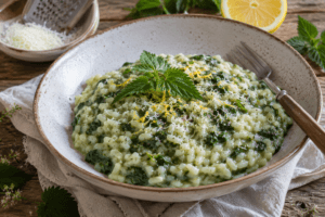 Een bord vol met brandnetelrisotto
