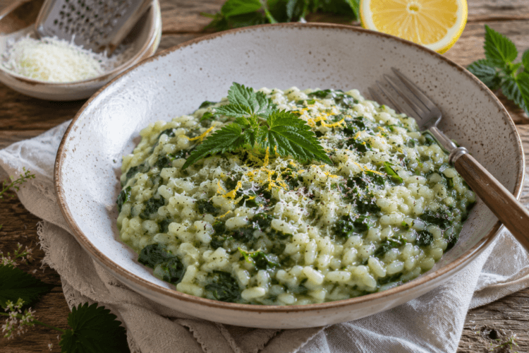 Een bord vol met brandnetelrisotto