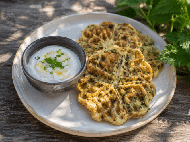 Een bord met zelfgemaakte brandnetel kaaswafeltjes