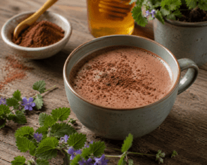 Een kop met hondsdraf chocolademelk