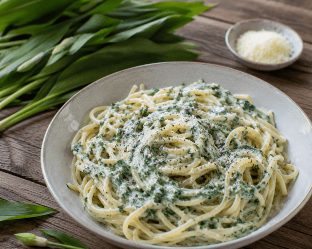 Daslook-roomsaus met pasta op een bord