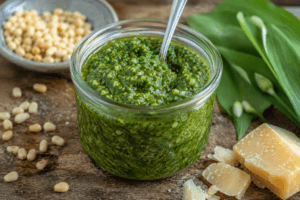 Een potje zelfgemaakte daslookpesto