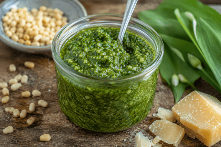 Een potje zelfgemaakte daslookpesto