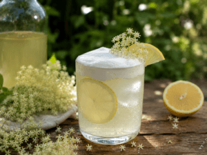 Een glas vol zelfgemaakte vlierbloesem cloud limonade