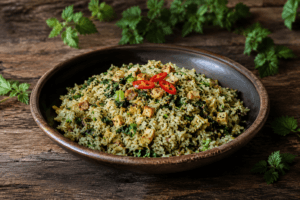 Brandnetel Fried Rice met lente-ui, ei, sesam en jonge brandnetel