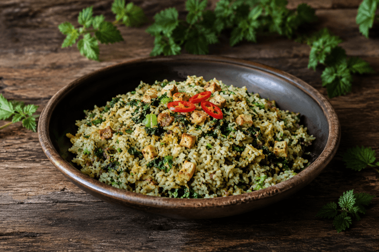 Brandnetel Fried Rice met lente-ui, ei, sesam en jonge brandnetel