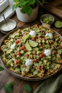 Brandnetel Nacho’s met groene kaassaus, avocado, tomaat en zure room