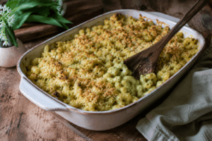 Daslook Mac & Cheese met groene kaassaus en krokante panko