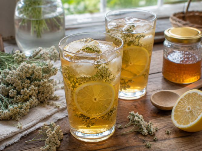 Een glas huisgemaakte Duizendblad Honing-Citroen Iced Tea