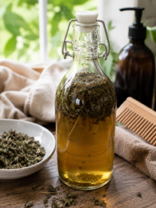 Brandnetel-haarspoeling in een glazen fles met gedroogde brandnetel