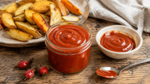 Zelfgemaakte rozenbottelketchup in een glazen pot met verse rode rozenbottels op een rustieke houten tafel