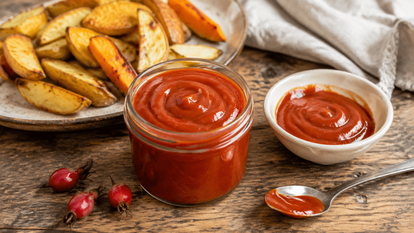Zelfgemaakte rozenbottelketchup in een glazen pot met verse rode rozenbottels op een rustieke houten tafel