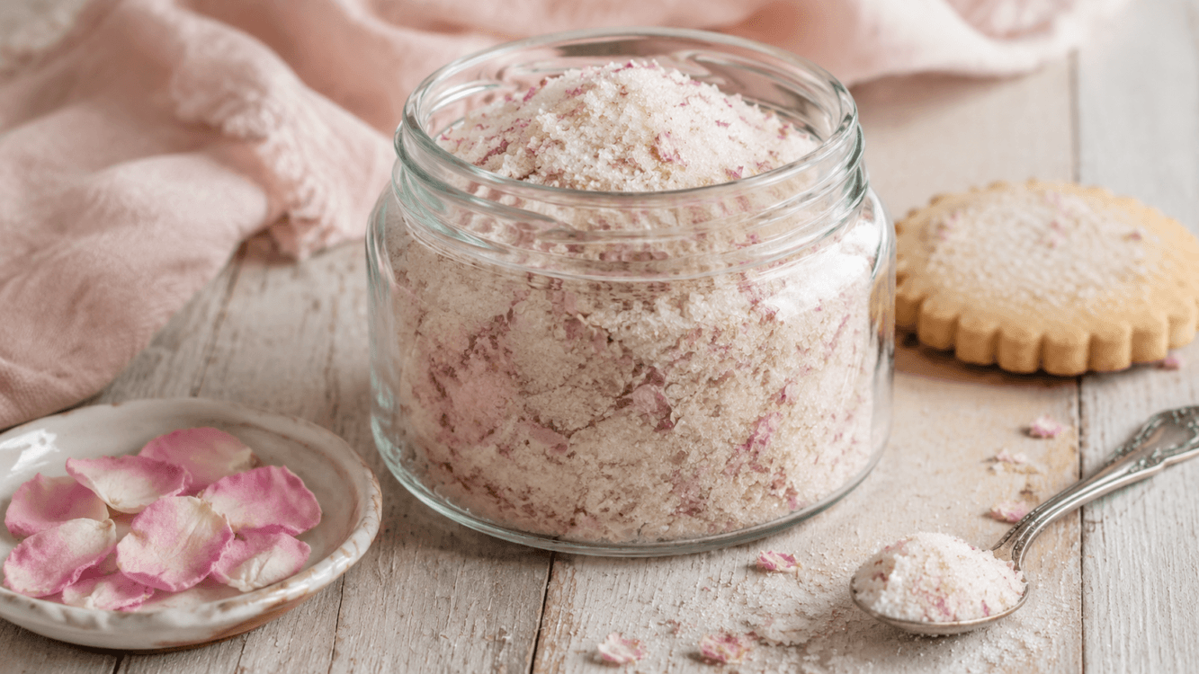Zelfgemaakte hondsroos-bloemblaadjessuiker met lichtroze rozenblaadjes in een glazen pot.