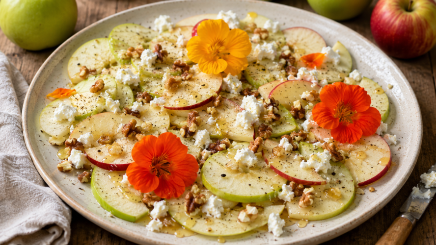 Apple & Nasturtium Nachos met appel, geitenkaas, walnoten, honing en bloemen van Oost-Indische kers.
