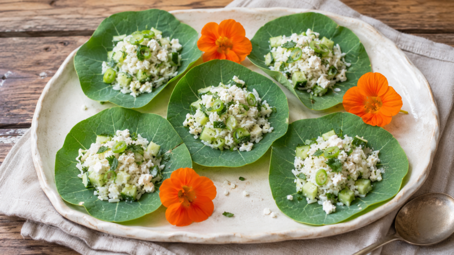 Oost-Indische-kers-saladecups gevuld met kruidenrijst, komkommer en feta en gegarneerd met oranje eetbare bloemen