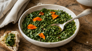 Zelfgemaakte Oost-Indische-kers-chimichurri met peterselie en oranje eetbare bloemblaadjes in een rustieke kom.