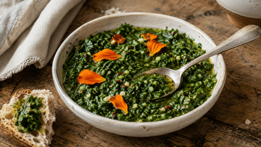 Zelfgemaakte Oost-Indische-kers-chimichurri met peterselie en oranje eetbare bloemblaadjes in een rustieke kom.