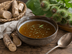 Klitwortelbouillon in een kom met gedroogde klitwortel en kruiden