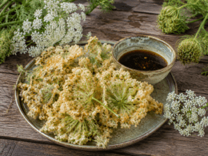 Wilde peen tempura met jonge bloemschermen